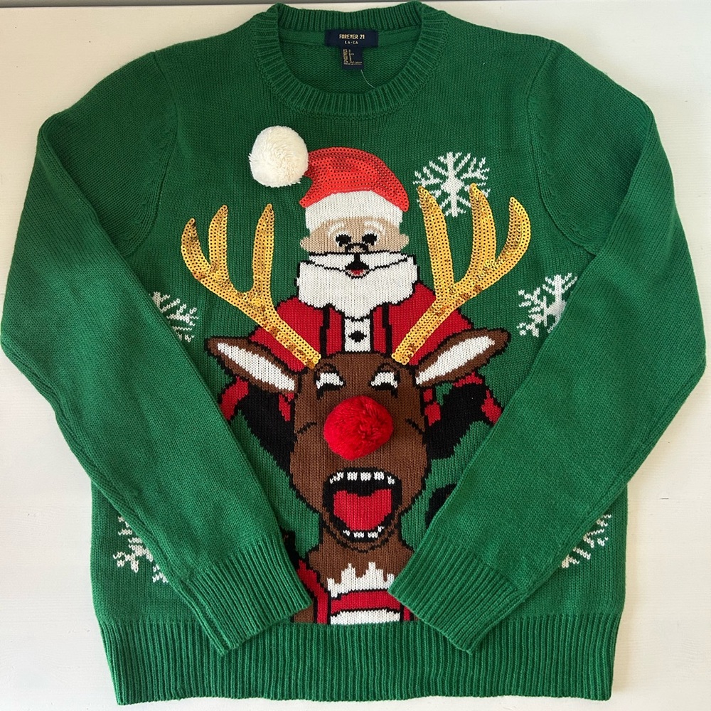Forever 21 Green Festive Sweater with Santa and Reindeer